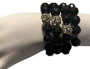 Mid Century Black Beaded Wrap Bracelet w Rhinestones – Vintage Glam Statement
